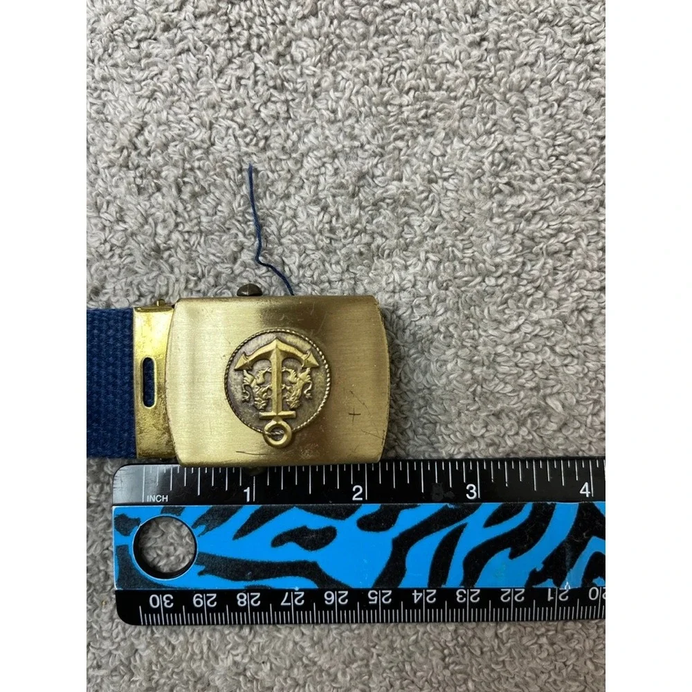 Vintage Merit Solid Brass Anchor Crest Web Belt Blue Canvas USA Made Military
